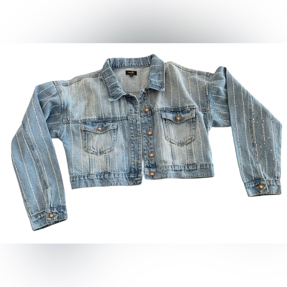 On Twelfth Rhinestone Denim Cropped Jacket - Women's Size Large - Picture 1 of 3